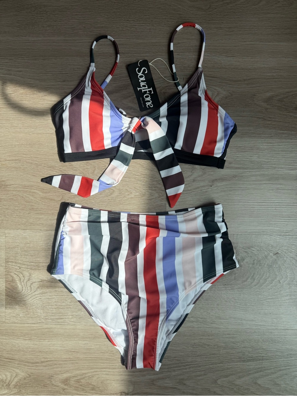 Striped Tie-Front High-Waist Bikini in Multi-Color